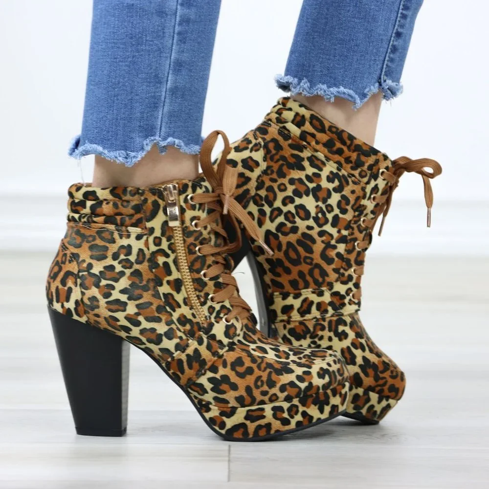 Leopard Platform Ankle Boots High Heel Leopard Faux Suede Lace-Up Block - Picture 3 of 12